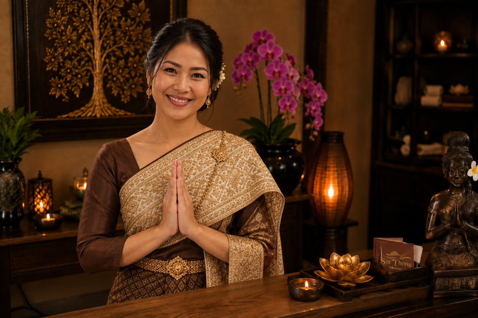 Welkom bij Sai Thong Een Thaise vrouw in traditionele bruin-gouden kleding verwelkomt u met een wai bij Sai Thong.